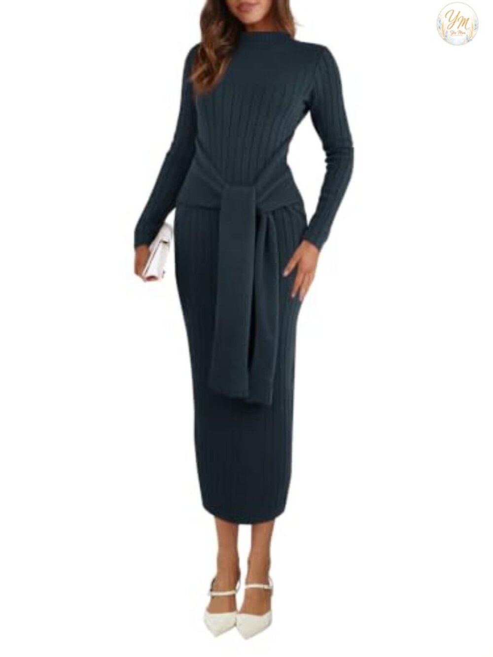 Women's Long Sleeve Midi Sweater Dress Ribbed Knit Bodycon Tie Waist